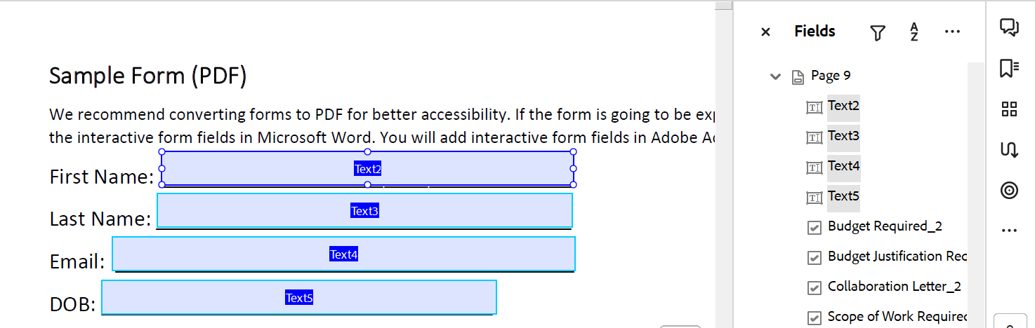 Screenshot of form and fields list