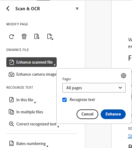 screenshot of Adobe Acrobat Scan and OCR tool with Enhance Scanned file menu opened.