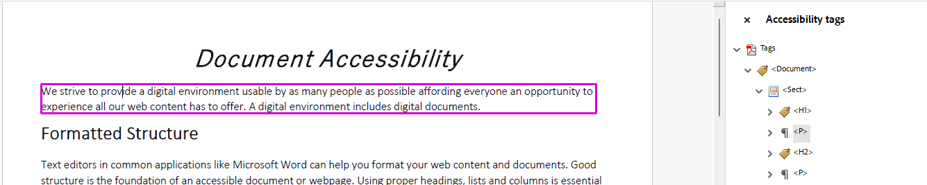 Screenshot of document with a P tag selected in the tags tree and the corresponding content highlighted in the document.