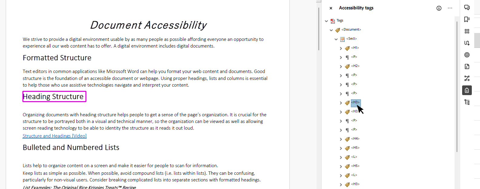 Screenshot of Acrobat with a Heading 3 tag selected.