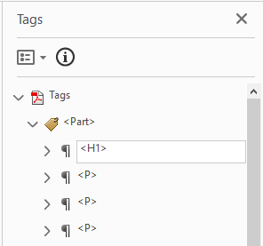 Screenshot of Tags Pane with edit field and H1 in the edit field.