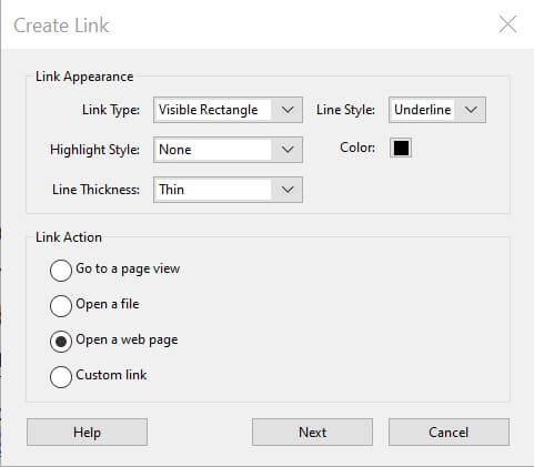 Screenshot of Create Link dialog.