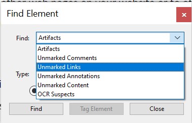 Screenshot of Find Element dialog with Unmarked Links highlighted.