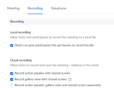 Sreenshot of Zoom settings with Recording Tab selected.