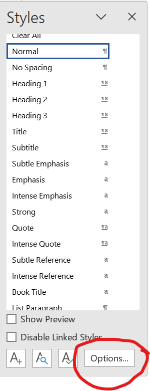 Screenshot of Styles Pane with Options link circled.