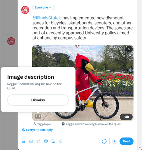 Screenshot from ISU's Twitter account showing a saved alt text