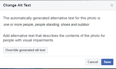 Screenshot of Change Alt Text dialogue box with override generated alt text button.