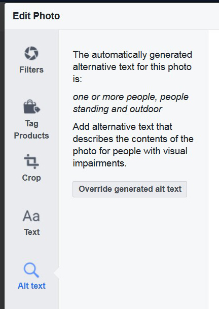 Screenshot of Alt Text with button for Override generated alt text.