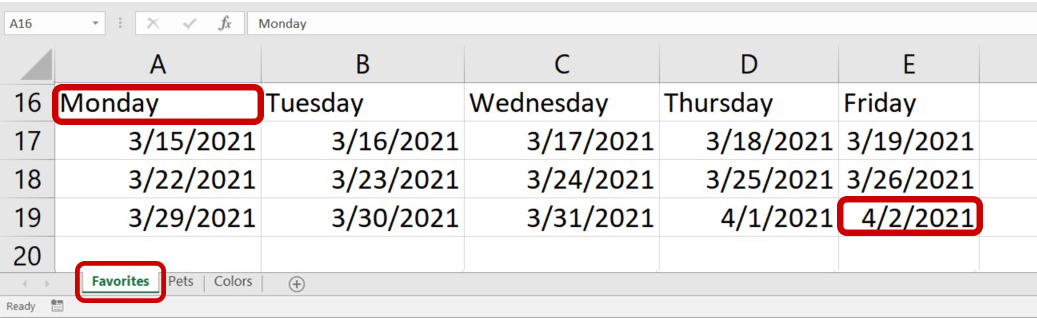 Screenshot of Excel Table with cells A16, E19, and the first sheet circled in red.