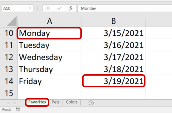 Screenshot of Excel table with cells A10, B14, and the first worksheet circled in red.