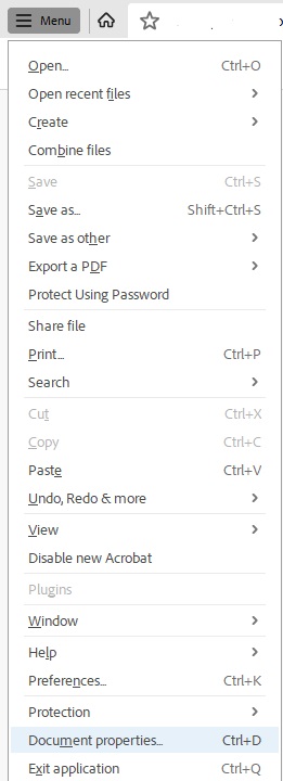 Screenshot of Acrobat document with Menu selected and Document Properties selected.