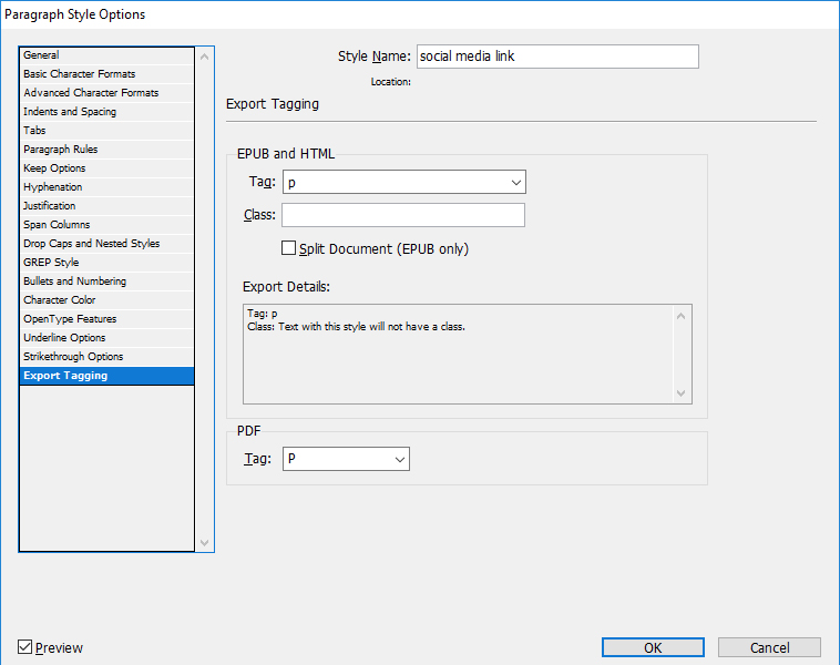 InDesign Paragraph Styles options dialogue box.