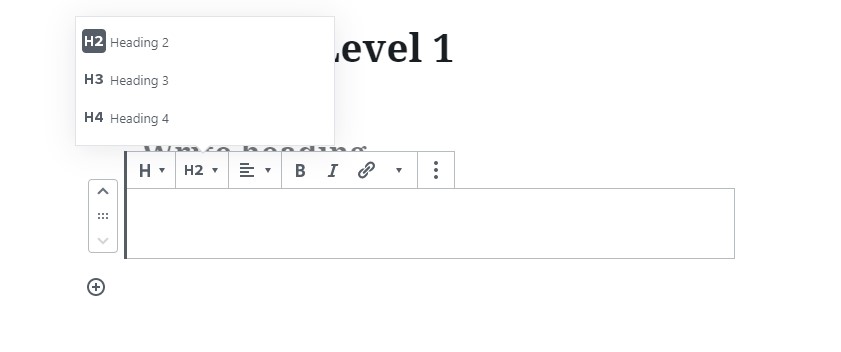 Screenshot of the text editor with heading level options heading 2, Heading 3 and Heading 4 showing. Heading 2 is selected.