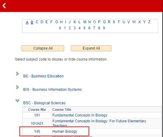 Image of subjects that begin with B with 145 Human Biology highlighted