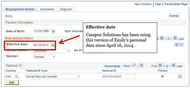 Image of Campus Solutions page with Effective Date highlighted