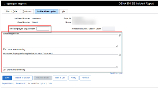 Image of Incident Description tab