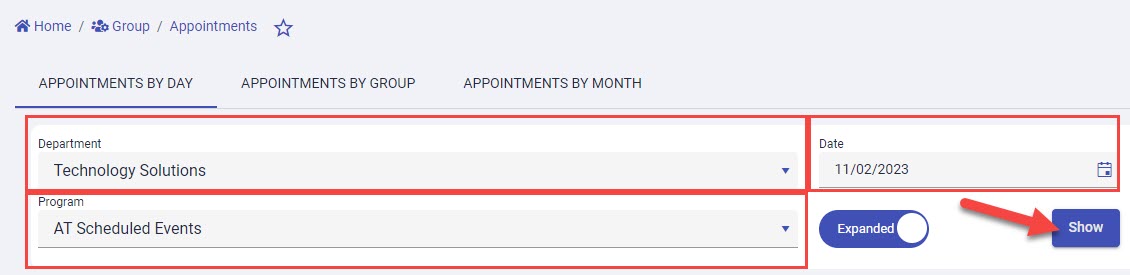 Appointmoints By Day tab with department, program, and date fields with Show button