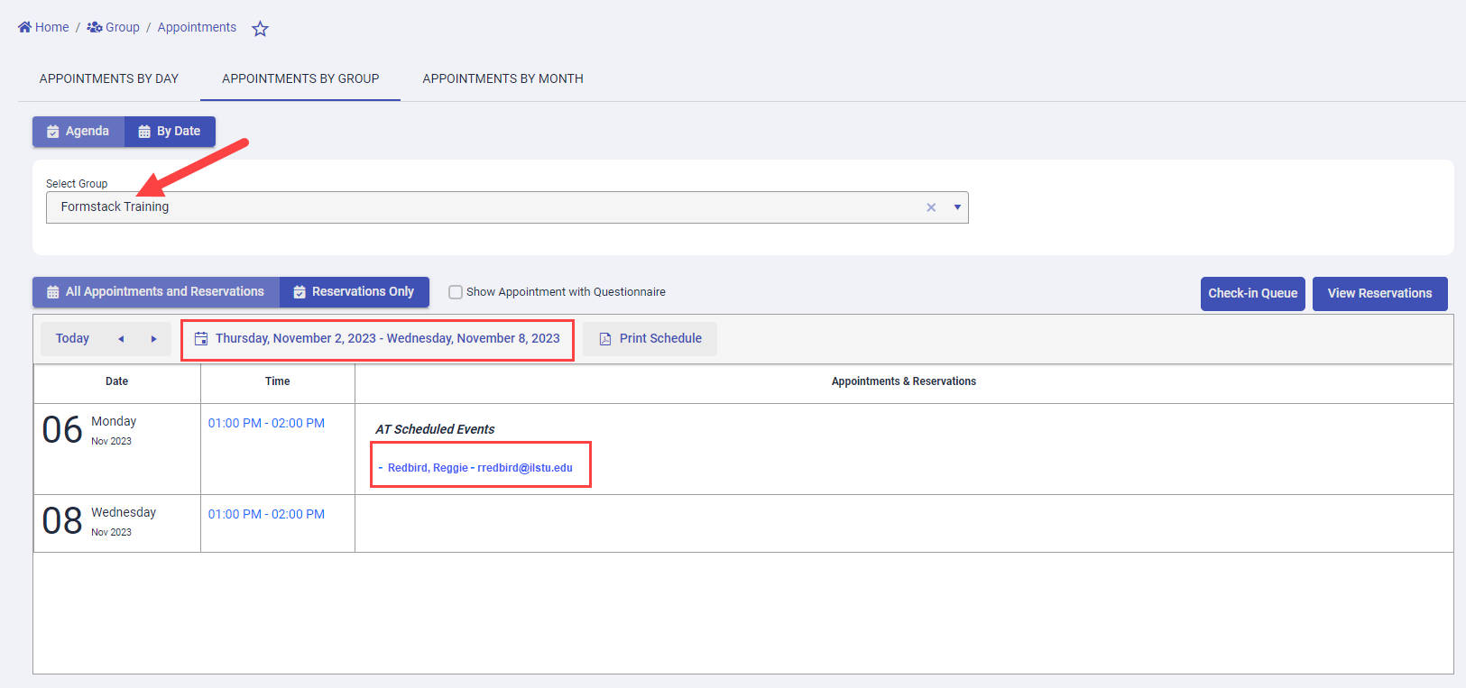 Appointments by Group tab with date range and table with the available time slots and person who signed up