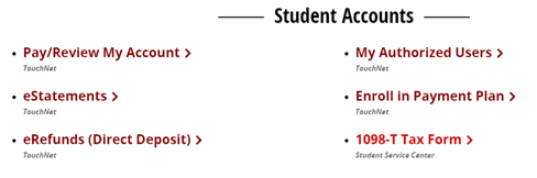 Student Accounts links