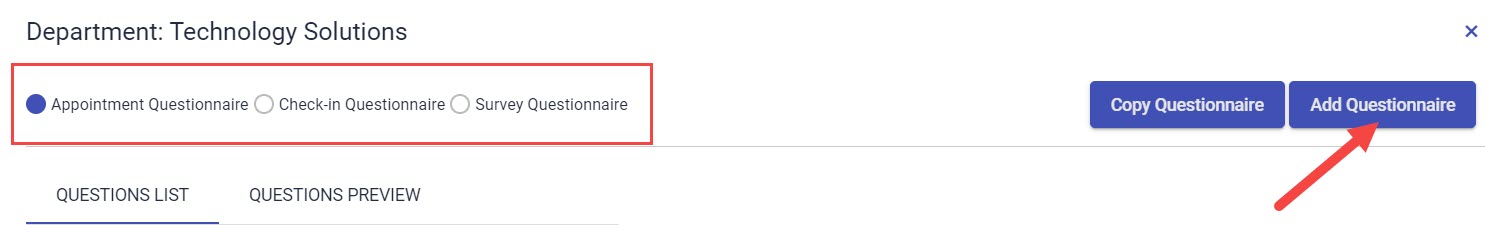 Appointment Questionnaire, Check-In Questionnaire, and Survey Questionnaire radio buttons and Add Questionnaire button