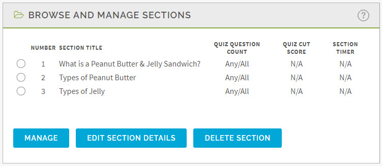 Screenshot depicting the Browse and Manage Sections pane