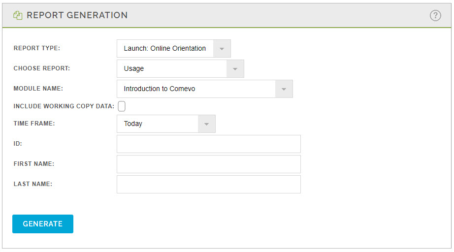 Screenshot depicting the Report Type, Choose Report, Module Name, Include Working Copy Data, Time Frame, ID, First Name, and Last Name fields within the Report Generation pane