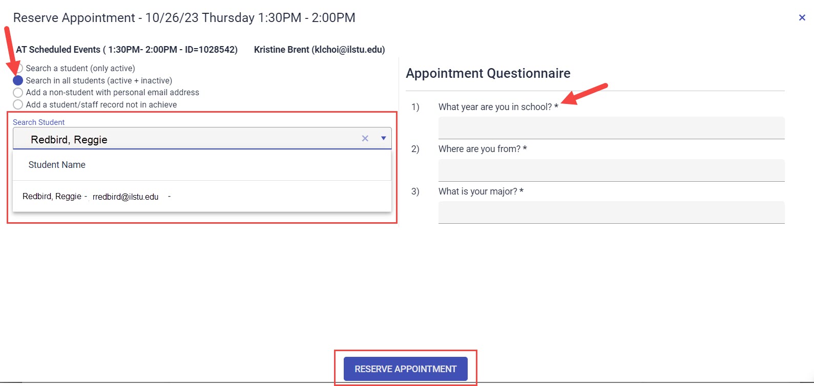 Reserve Appointment window