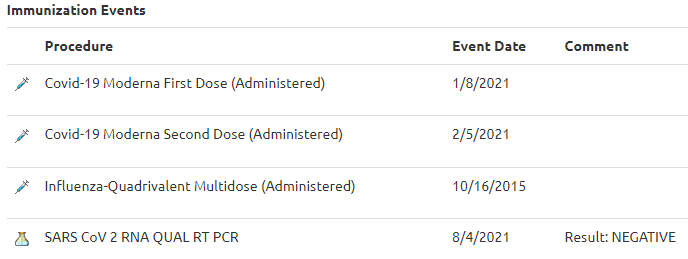 Screenshot depicting the Immunization Events pane within the Patient Health Portal