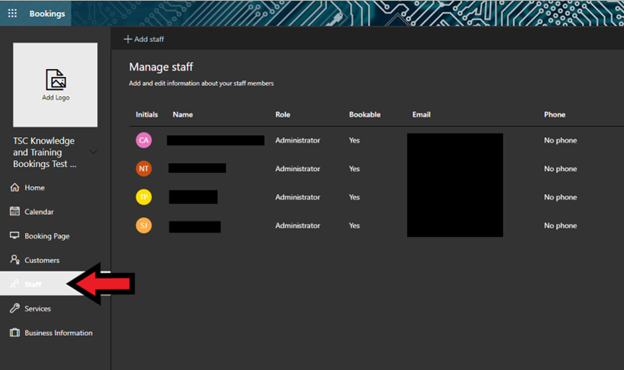 Staff Tab in Bookings