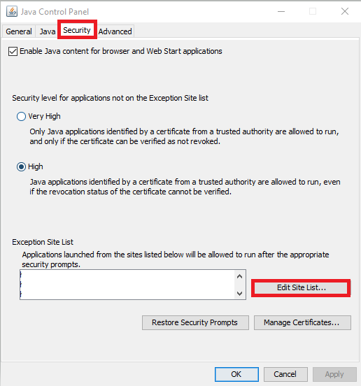 Java Control Panel options