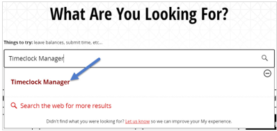 Screenshot of search bar with Timeclock Manager link