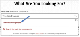 Screenshot of search bar with Timeclock Employee link