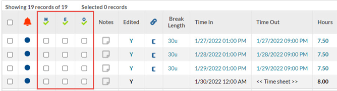 Sample employee shifts with M, E, and O columns