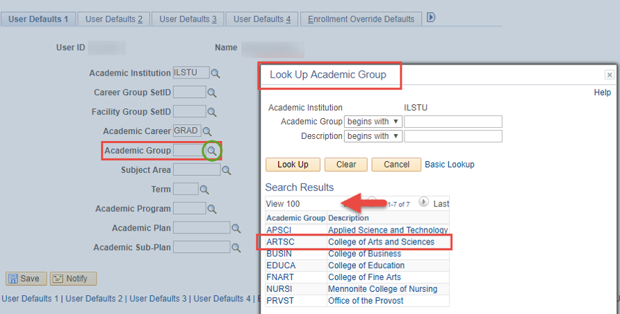 Image of Look Up Academic Group window with College of Arts and Sciences highlighted