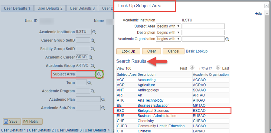 Image of Subject Area window with Biological Sciences highlighted