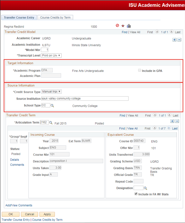 Image of Transfer Course Entry tab