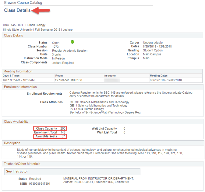 Image of Class Details window with Class Capacity and Available Seats fields highlighted