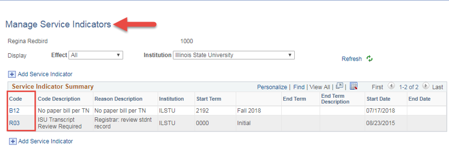 Image of Manage Service Indicators screen