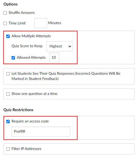 Image of Options section with Allow Multiple Attempts, Allowed Attempts, and Require an access code fields