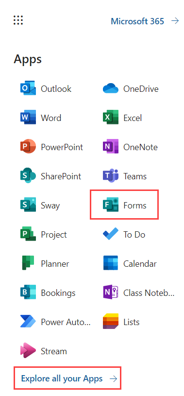 Image of Apps menu with Forms icon and Explore all apps link