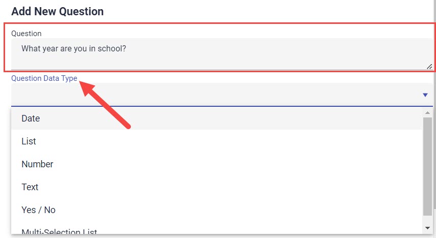 Add New Question window with Question and Question Data Type fields