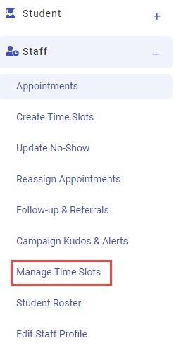 Image of expanded Staff menu with Manage Time Slots
