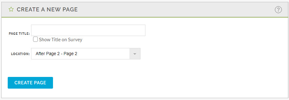 Screenshot depicting the Create New Survey pane, including the Page Title and Location fields, as well as the Create Page button