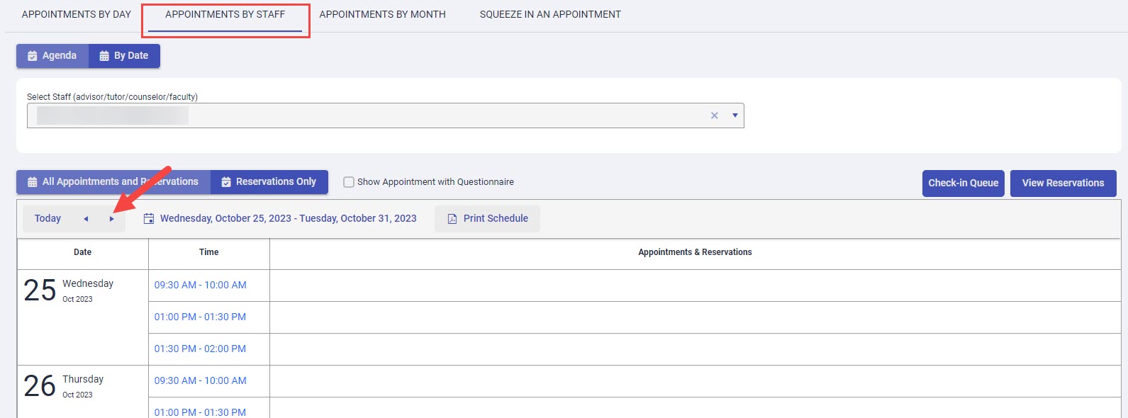 Appointments by Staff tab