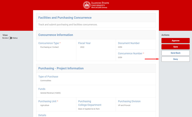 Screenshot depicting the Deny button in a form within Kuali Build