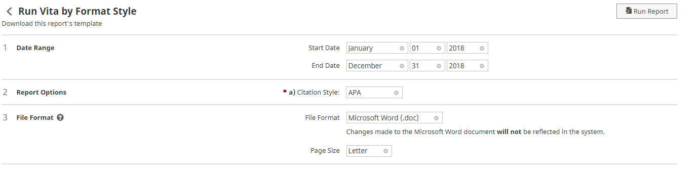 Screenshot depicting the Vita by Format Style report option within Digital Measures